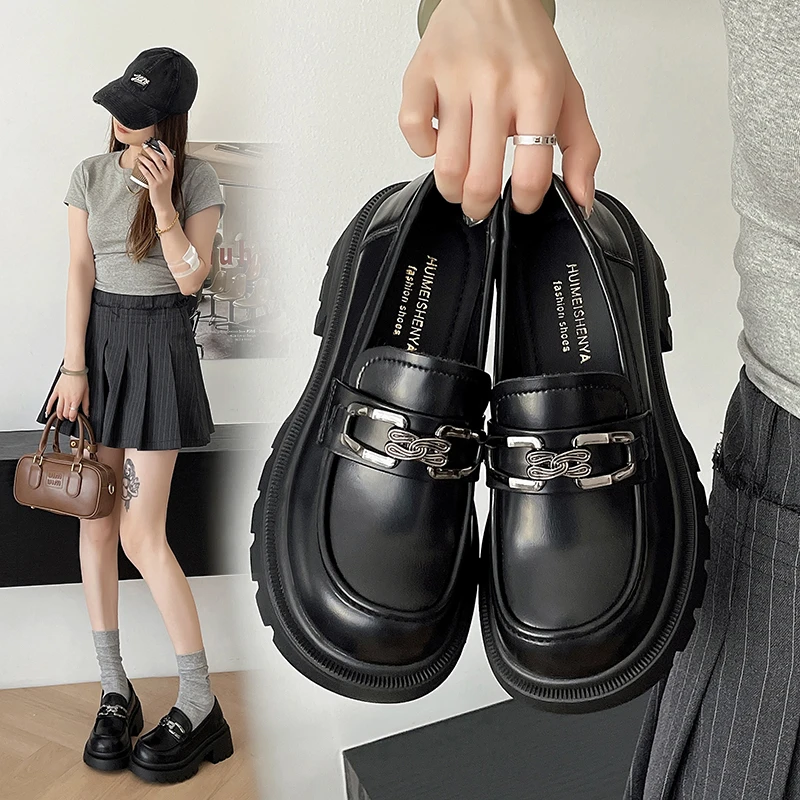 

New Women's Loafers Medium Heel Sponge Cake Base Anti-slip Shoes for Women Outdoorand Comfortable Leather Shoes Zapatos Mujer
