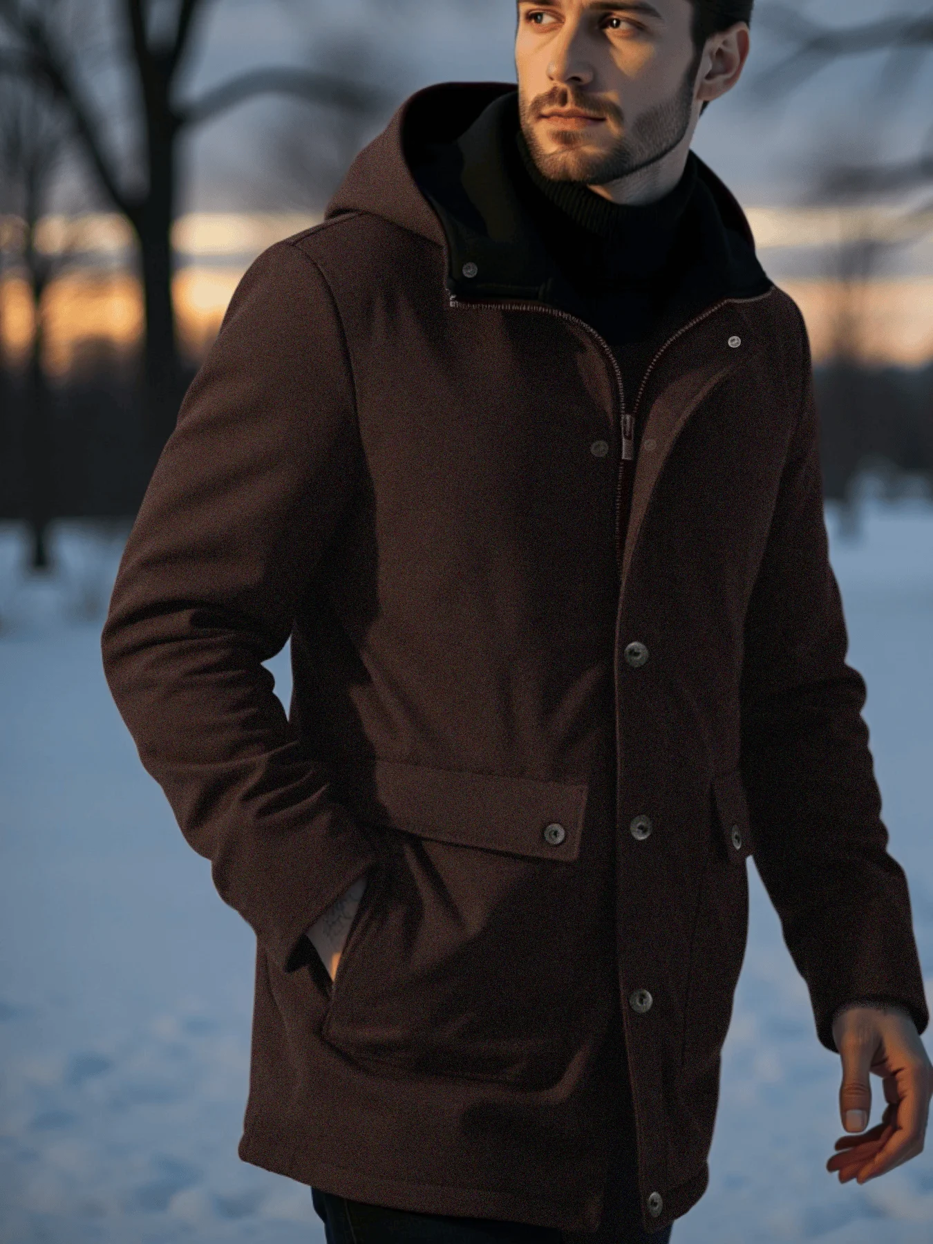 

Men's Streetwear Wool Coat Hooded Double-Breasted Overcoat Fleece Lined Design Thickened Tweed with Warm Stand Collar Manswear