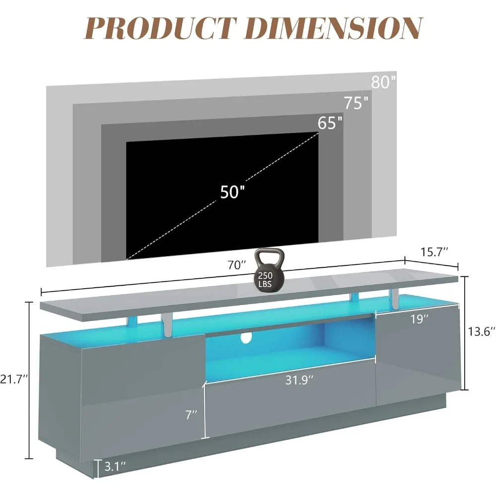 حامل تلفزيون 70 بوصة مع ضوء LED، مركز ترفيه حديث عالي اللمعان مع أرفف تخزين مفتوحة ودرج لأجهزة التلفاز حتى 80 بوصة #2