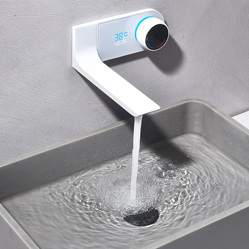 New Design White Digital Lcd Display Hidden Temperature Display Bathroom Faucet Wall Mounted Brass Washroom Basin Mixer Faucet