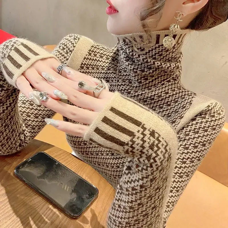 Autumn Winter Zigzag Pattern Printing Four Colors Soft Comfortable Women Pullovers Slim Korean New Style Thick Wild V1026