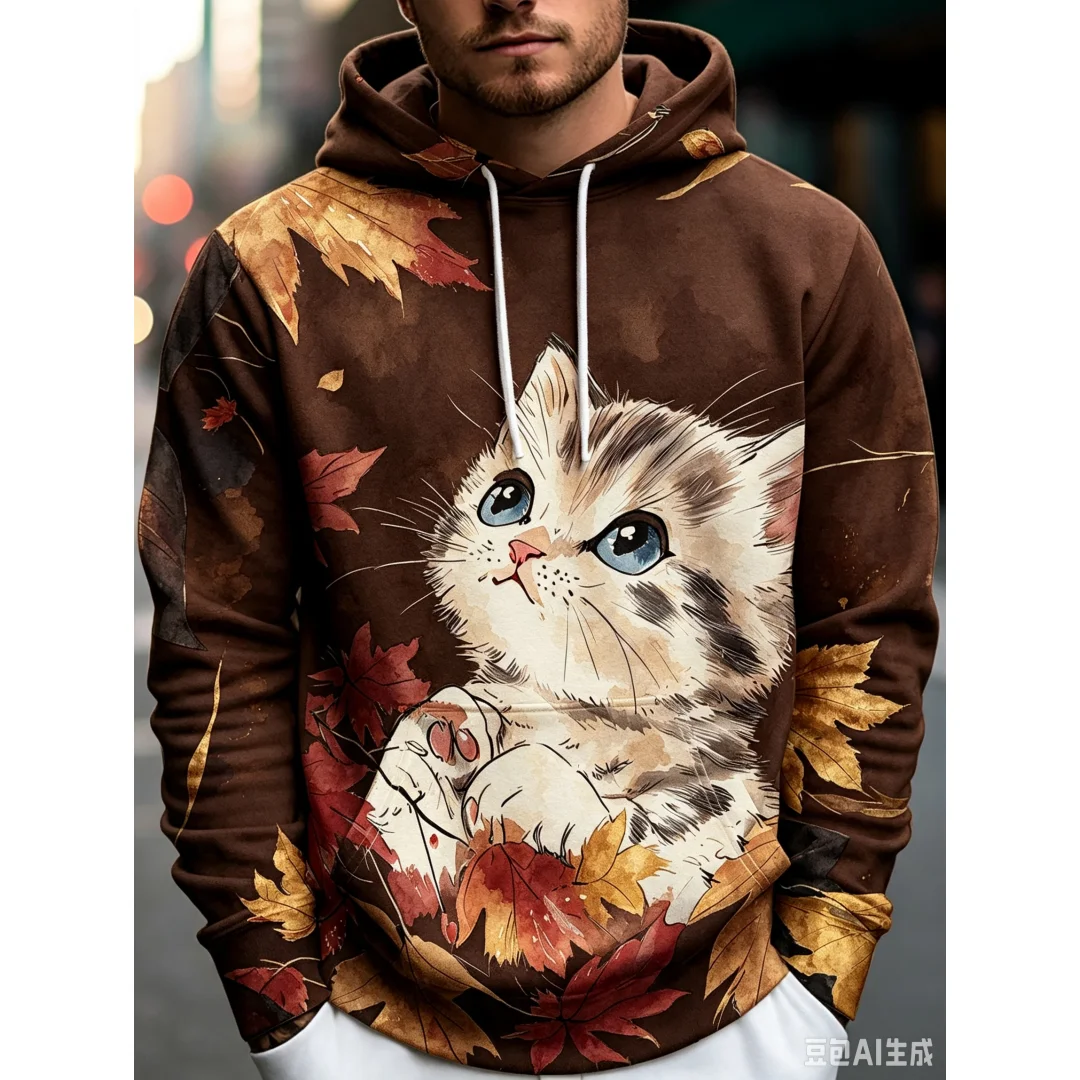 Men’s Cute Cat Autumn Graphic Hoodie Kitten Maple Leaf Print Pullover Casual Streetwear Top Polyester Material Thin Coat