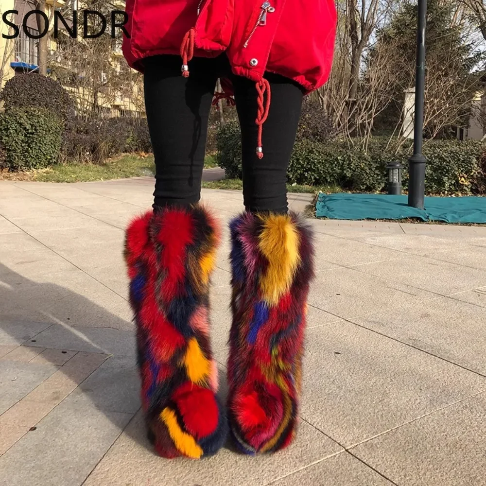 Womens Round Toe Knee Thigh Boots Real Fox Fur Furry Hidden High Heel Warm Winter Snow Shoes Rainbow Colors New 2024