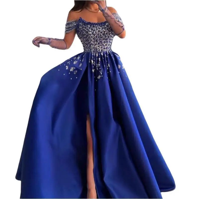 Customized Luxury Blue Beaded Prom Dress Off Shoulder Pearls Crystal Satin Slit Party Special Occasion Dress Formal Evening Wear