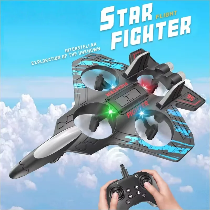 2.4G RC Fighter Jet, Electric Foam Glider Plane with Stunt Tumbling & Hovering, LED Colorful Lights UAV Aircraft ModelForpokemon