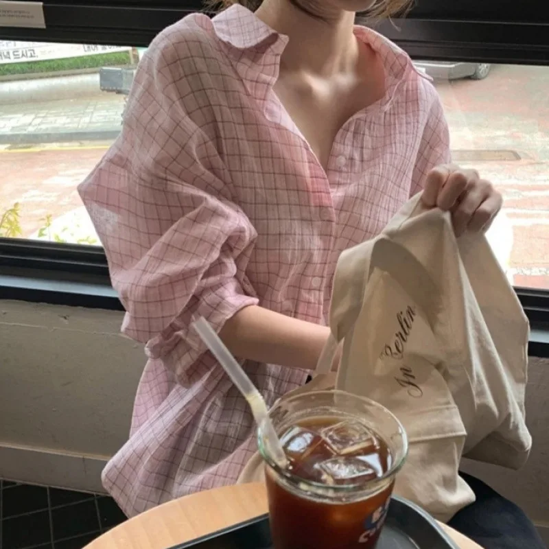 Korean Dongdaemun Women's High Fashion Long Sleeve Shirt Thin Sun Protection Loose Plaid Cotton Shirt Sweet Girl Style