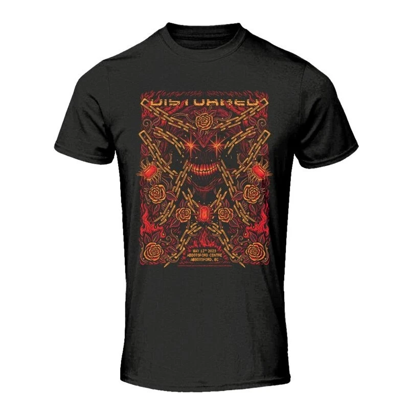 Unisex Black T-shirt Disturbed Skull Rose & Chain Print Gothic Metal Style Tee