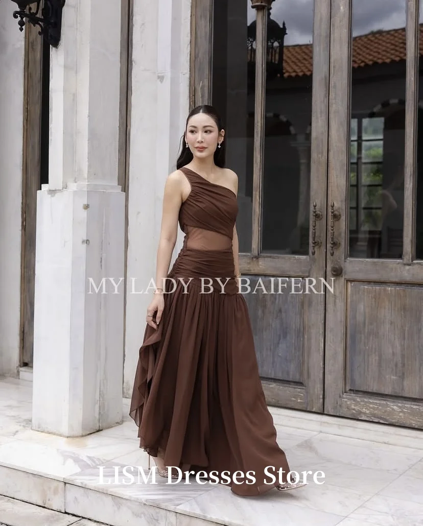 LISM marrón un hombro largo A-Line vestidos de graduación fiesta de boda vestidos de noche de gasa de seda personalizado bata de velada fiesta Formal