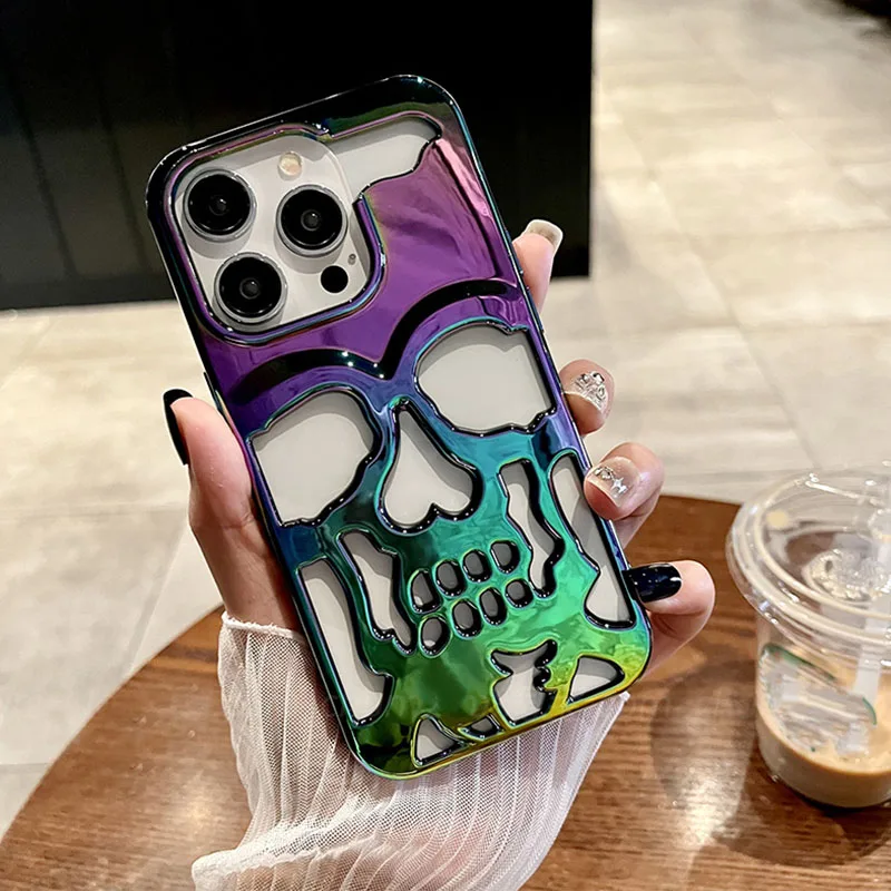 Cool Laser Hollow Skull Out Back Cover For iPhone 11 12 13 14 15 16 Pro Max Case Shockproof Heat Dissipation Capa Funda