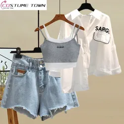 Camisa jeans grande e shorts femininos, versão coreana, camisa casual fina, terno de três peças, nova para primavera e verão, 2024