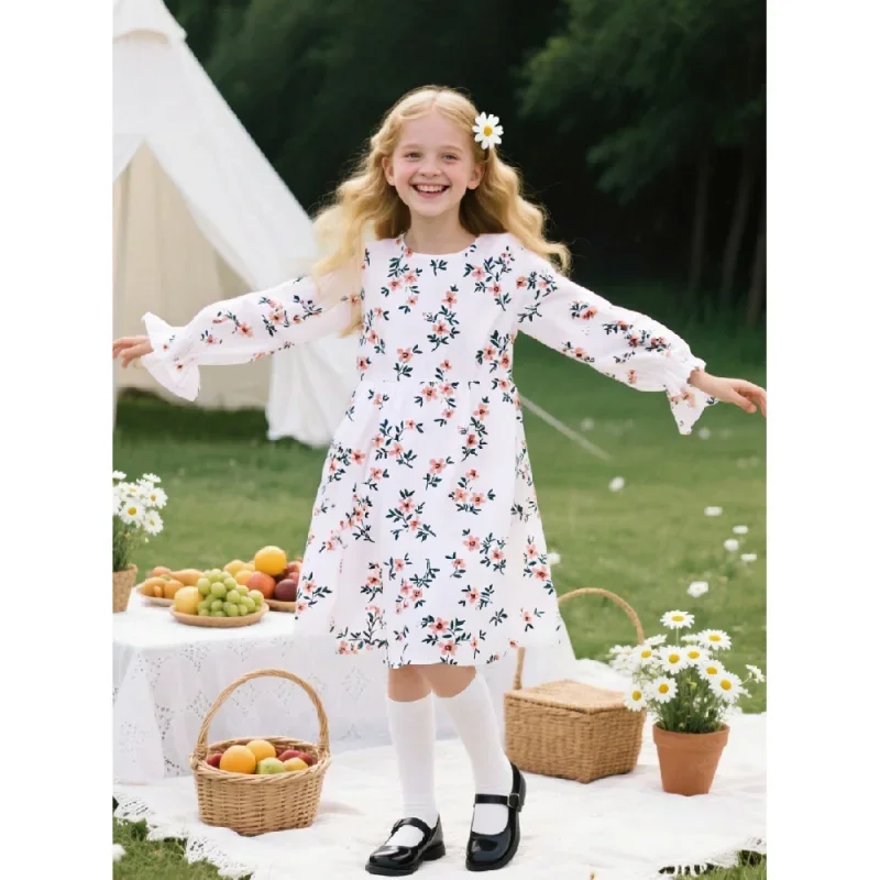2025 New Product! Girls' Fresh Floral - Printed Long - sleeved Dress, Cute Style with Rear Collar Water - Drop Details
