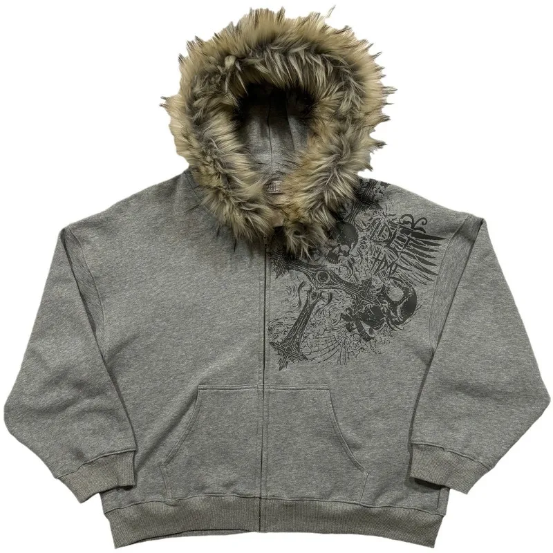 Fluffy Hat Hoodie Printed Pattern Long Sleeve Hoodie Retro Coat Street Trendy y2k
