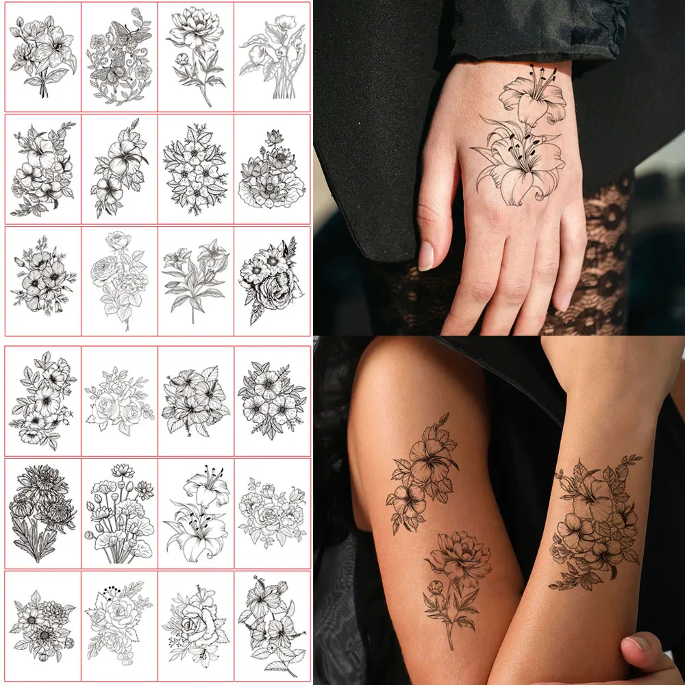 

12pcs Temporary Tattoo Stickers for Women Disposable Black Flower Tattoos for Hand Body Art Plant Fake Tattoo Waterproof
