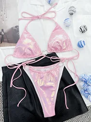 Maillot de bain à licou en métal brillant pour femme, mini bikini rose, maillot de bain femme, anneau de cœur, décoration, baigneur, bain trempé, nager, amour, nouveau, 2023