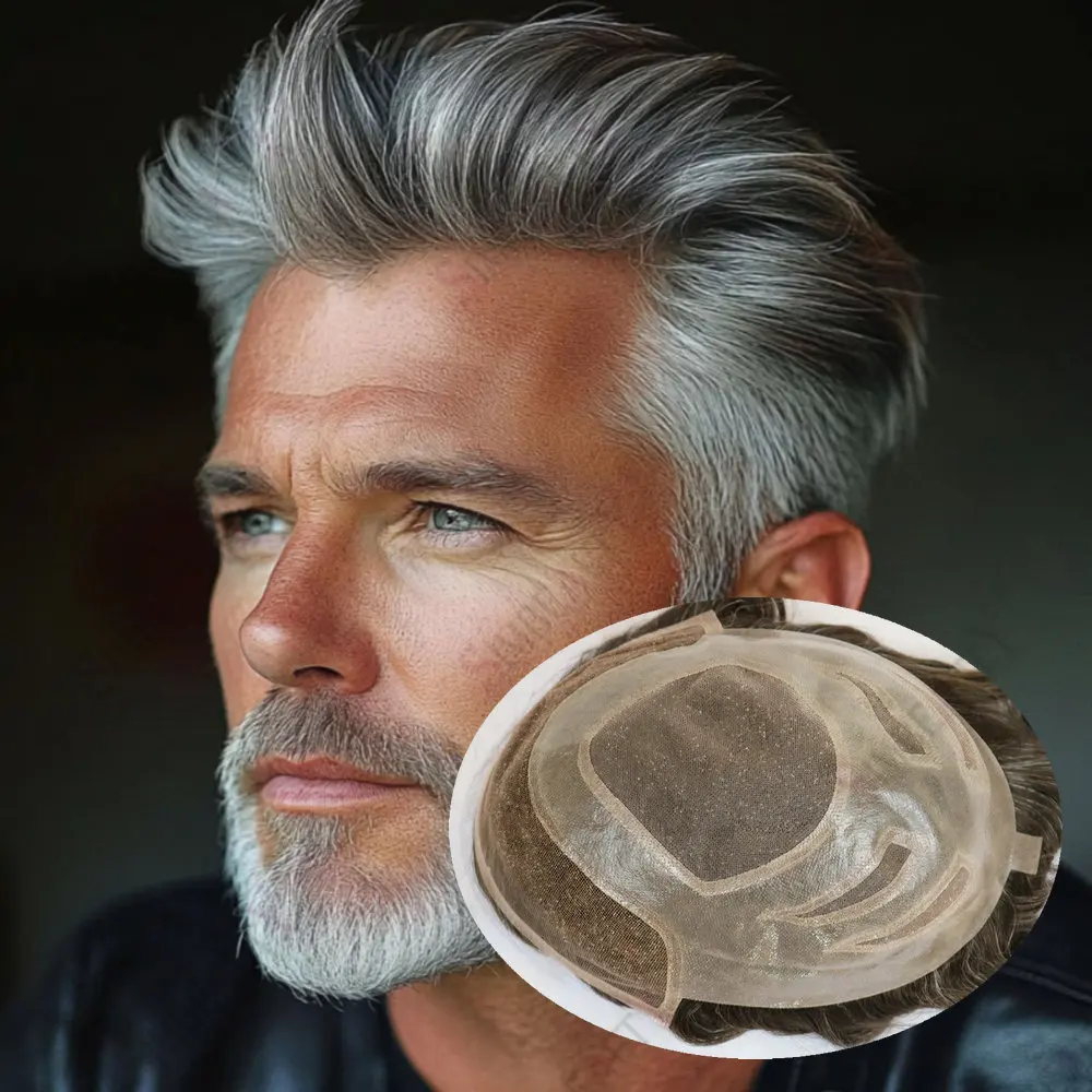 

Natural Hairline Men's Toupee Versalite Swiss Lace Front&PU Male Hair Prosthesis 1b40 Grey Black Human Hair Replacement System