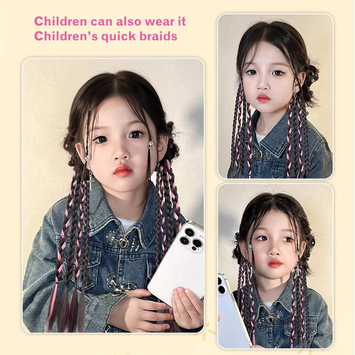 Rambut lurus sintetis tinju dikepang wig ekor kuda wanita lucu ekstensi rambut ekor kuda ganda menyoroti tahan panas