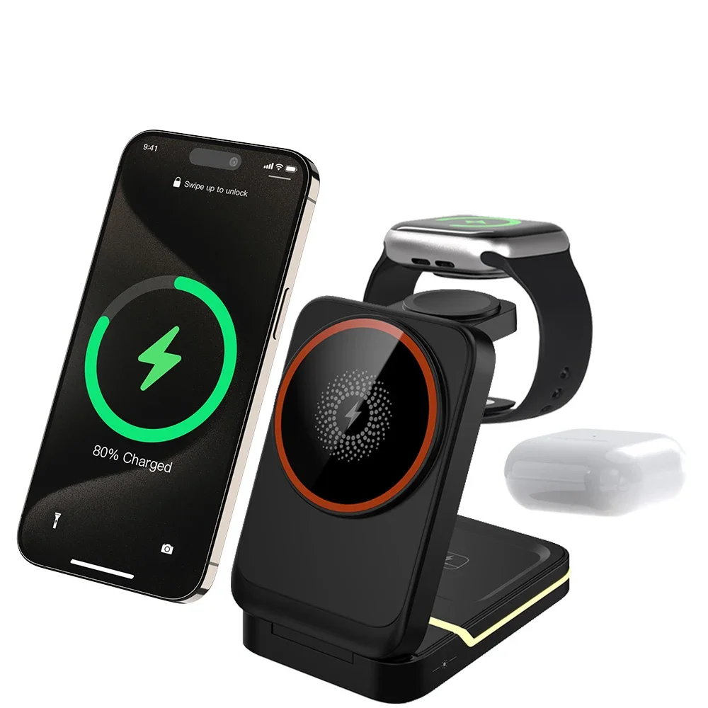 3 in1 Magnetic Wireless CHARGING Station สําหรับ iPhone 16 15 14 13 12 Pro/Max,Apple Watch 8, airPods 3/2 ชาร์จโทรศัพท์แบบพับได้ Hold