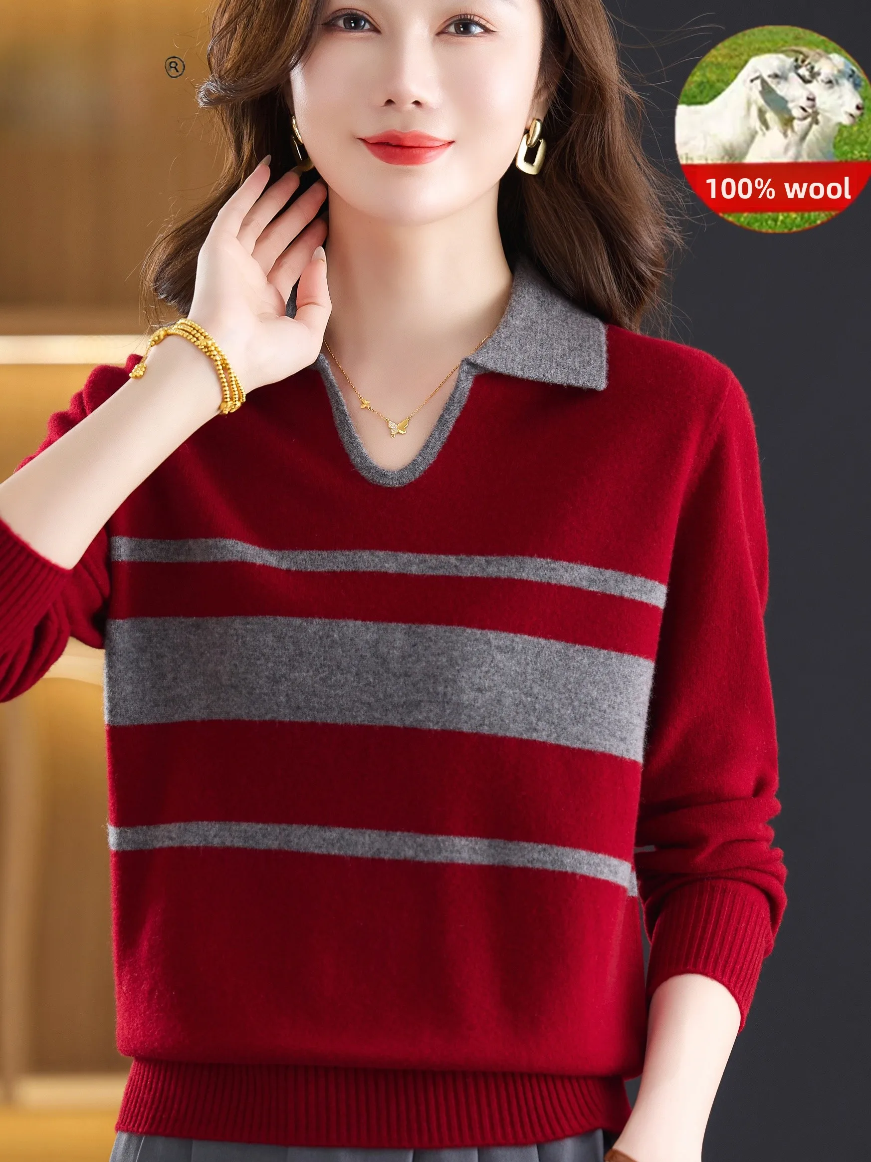 

00% Pure Wool Knitwear Women's Striped Collared Base Layer irt Mom Sle Commute Faion Trendy Sweater Middle-Aged And El...