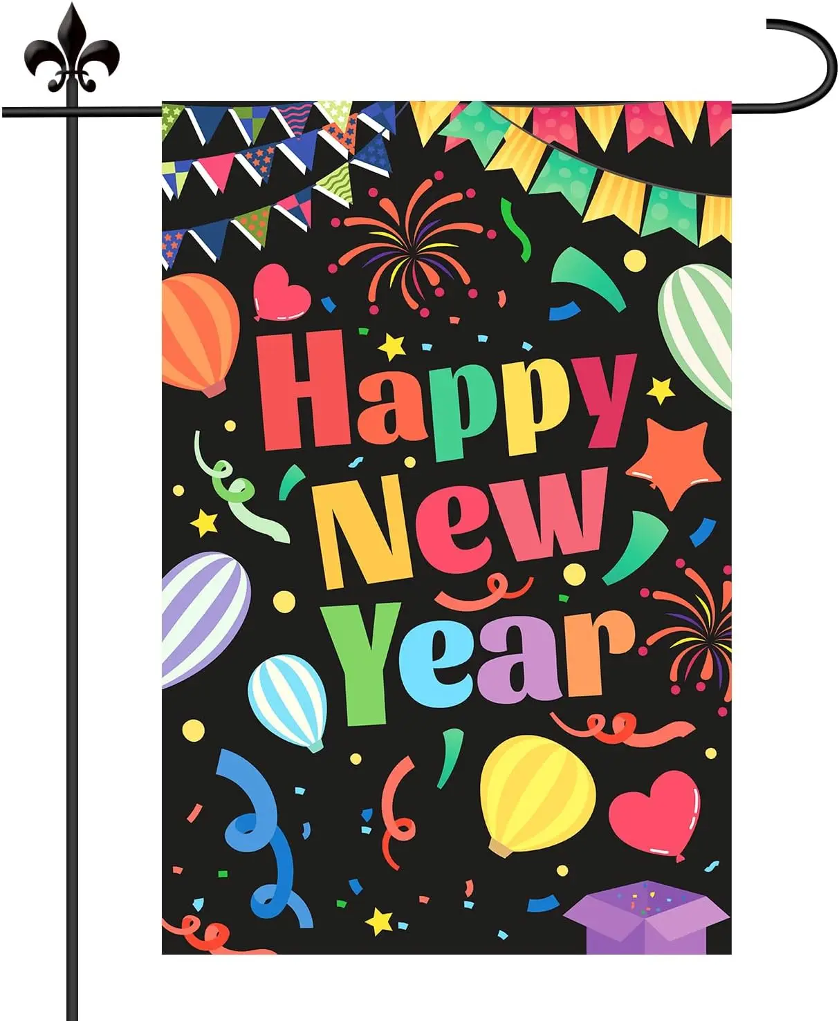 Happy New Year Garden Flag, 18x12in Double Sided New Year Decoration Flag with Colorful Words Black Background Confetti Hot Air