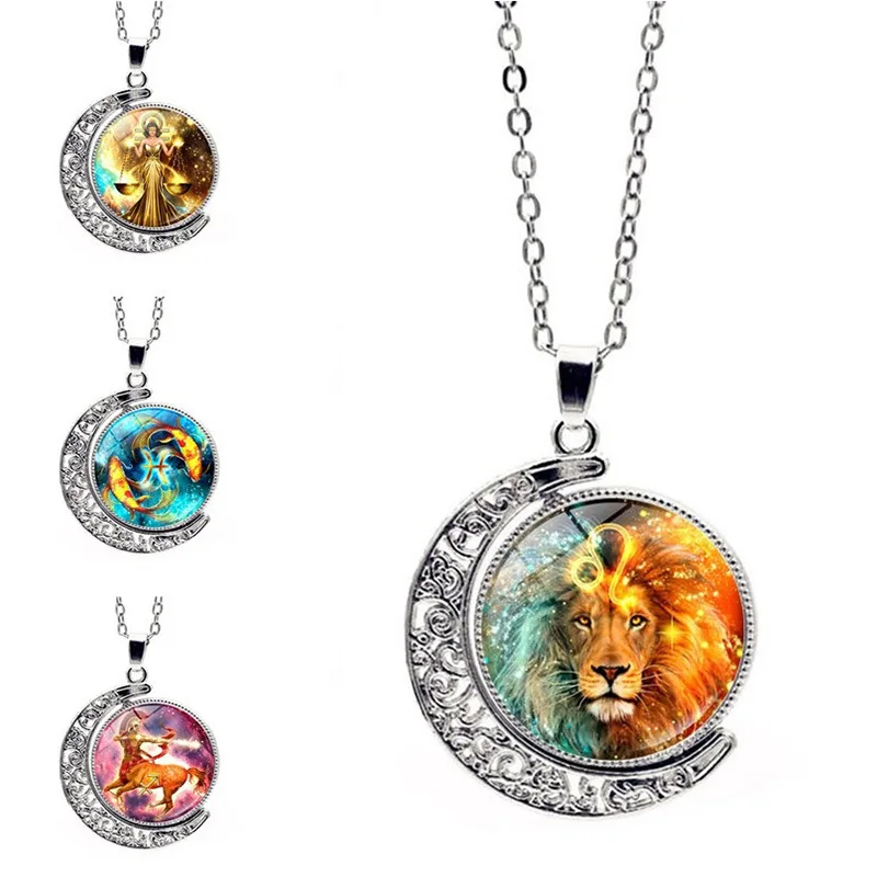 Glow In The Dark 12 Zodiac Double Sided Rotating Moon Pendant Necklace For Women Constellation Jewelry Perfect Friendship Gift