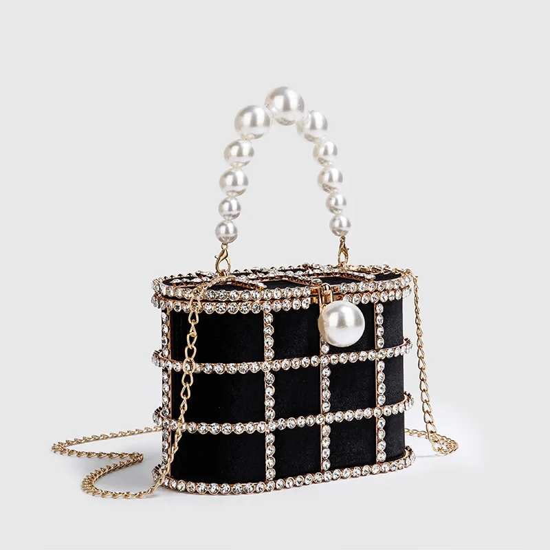 Luxury Diamond Metal Bucket Pearl Handle Women Party Clutch Purses and Handbags French design Ming Ai Wedding Chain Shoulder Bag