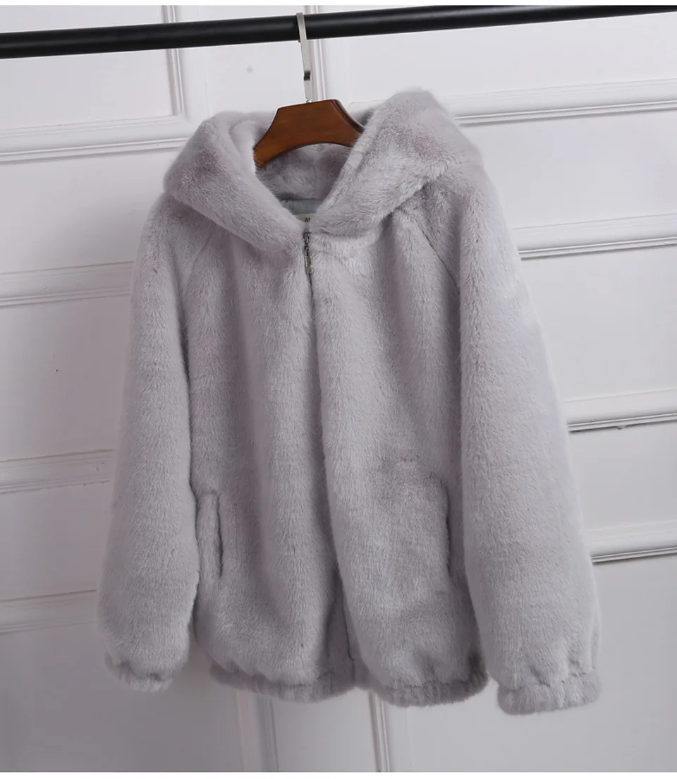 Women\'s Winter Coat Female Mink Cashmere Warm Jacket Loose Plush Hooded Thick Coat Teddy Jacket Rabbit Imitation Fur Outcoat