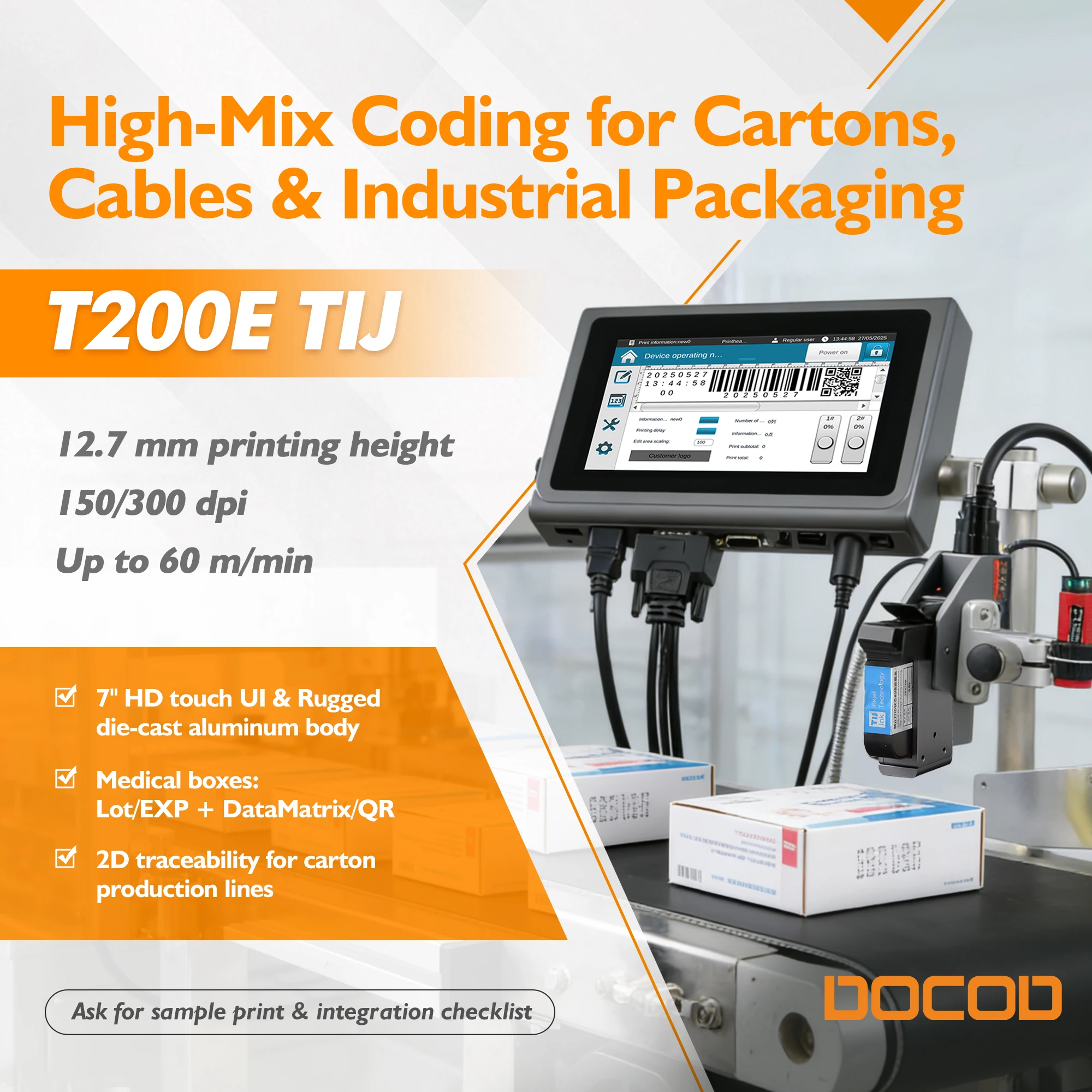 DOCOD T200E Thermal Inkjet Printing Printer Fast Response Touch Screen TIJ Date Coding Machine for Cosmetic Foundation Bottles