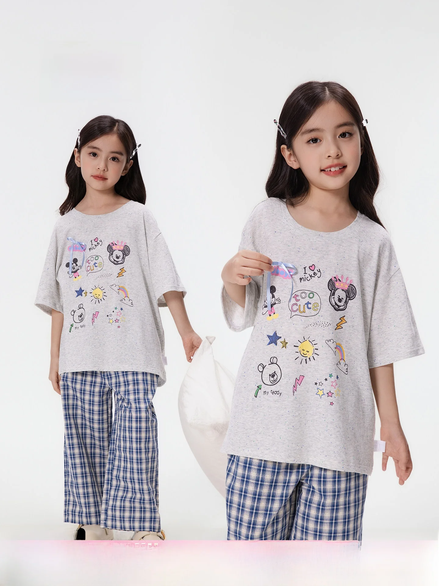 cute-cartoon-short-sleeve-plaid-pants-modal-cotton-outfitable-girls-nightgown-home-clothes-set-summer-breathable-soft