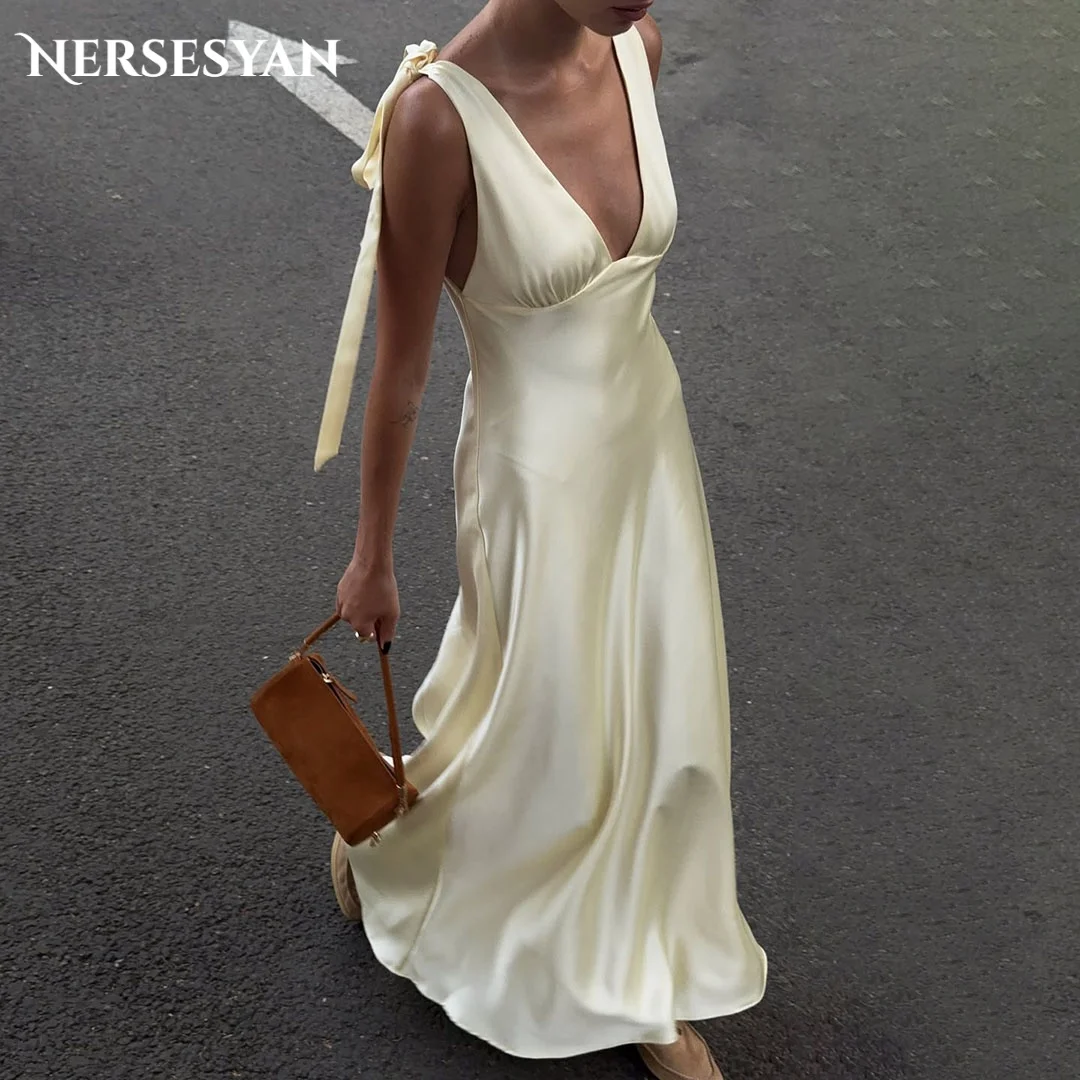 

Nersesyan Elegant Shiny Prom Dresses Bow Straps V Neck Satin Formal Evening Dress Women Party Gowns платье женское Customized