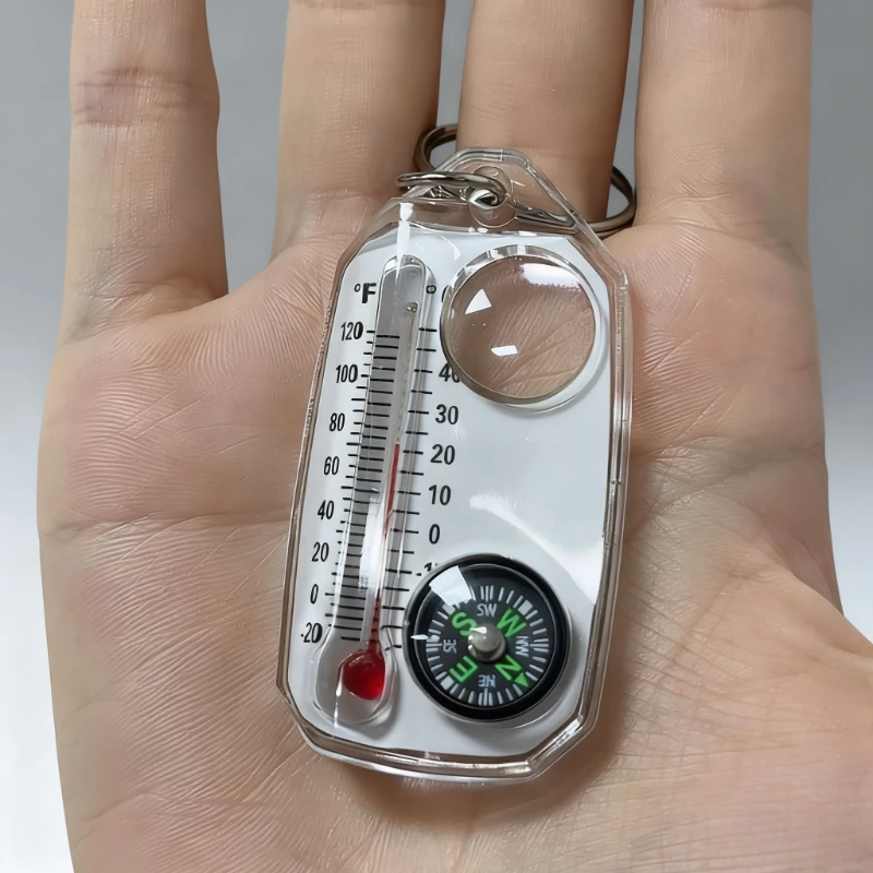 3-in-1 Keychain, Equipped with A Liquid Free Thermometer, Reliable Compass, and Magnifying Glass Suitable for Travel and Camping