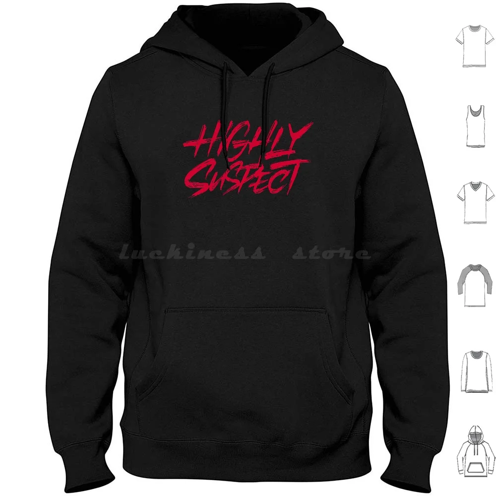 Highly Suspect. Red Text Hoodie cotton Long Sleeve Highly Suspect Suspect Funny Humor Catchy Slogan Quote Sayings Text