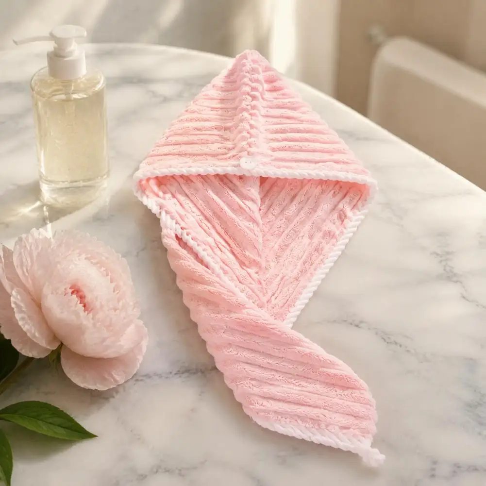 Fast Drying Hair Bonnet Coral Fleece Hair Towel Wrap with Button Quick Dry Absorbent Turban Thick Hair Drying Cap for Long Curly