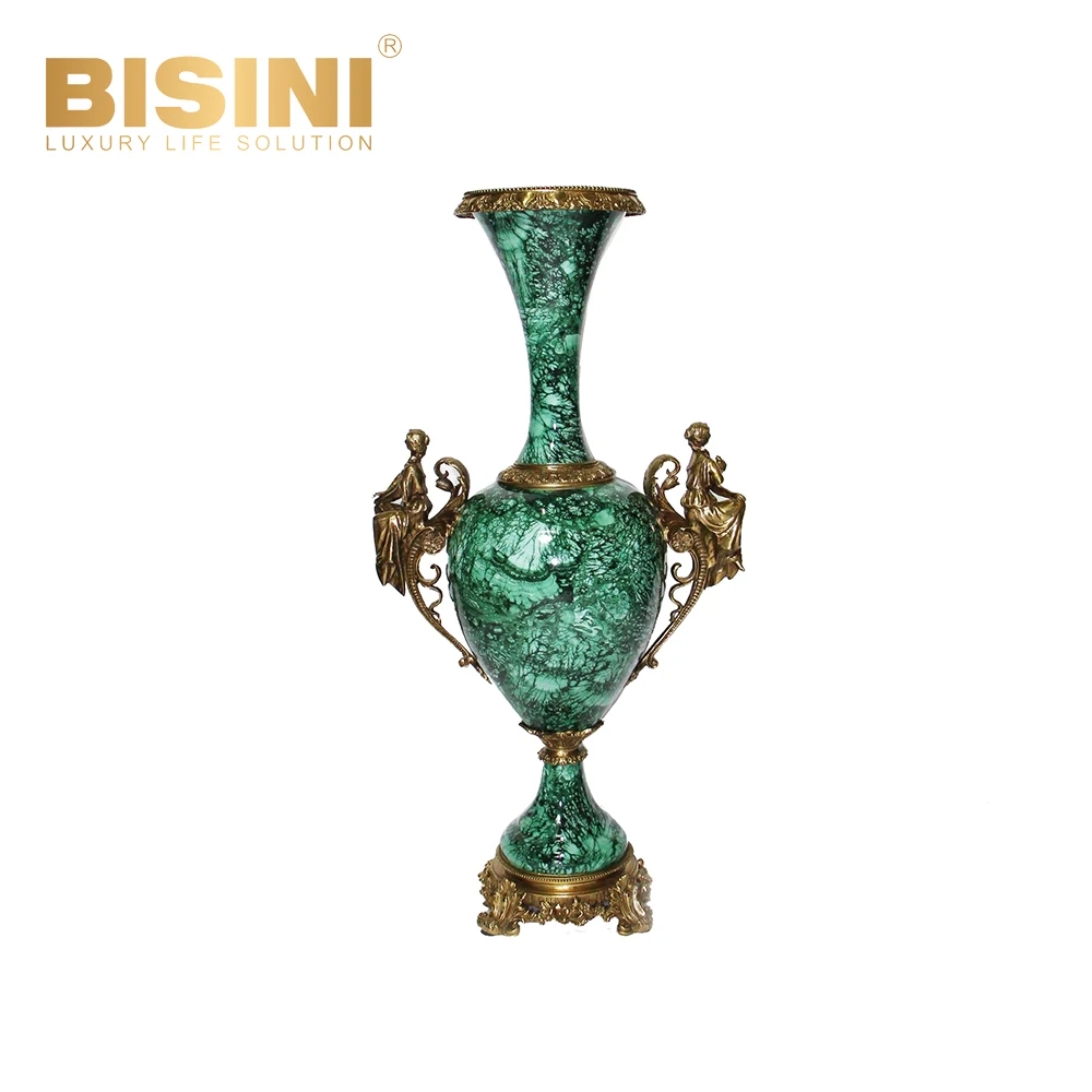 Craft Decoration Trumpet-shaped Vase Luxury Ornaments Vase Decor Brass Decor with Emerald Marble Green Ornaments