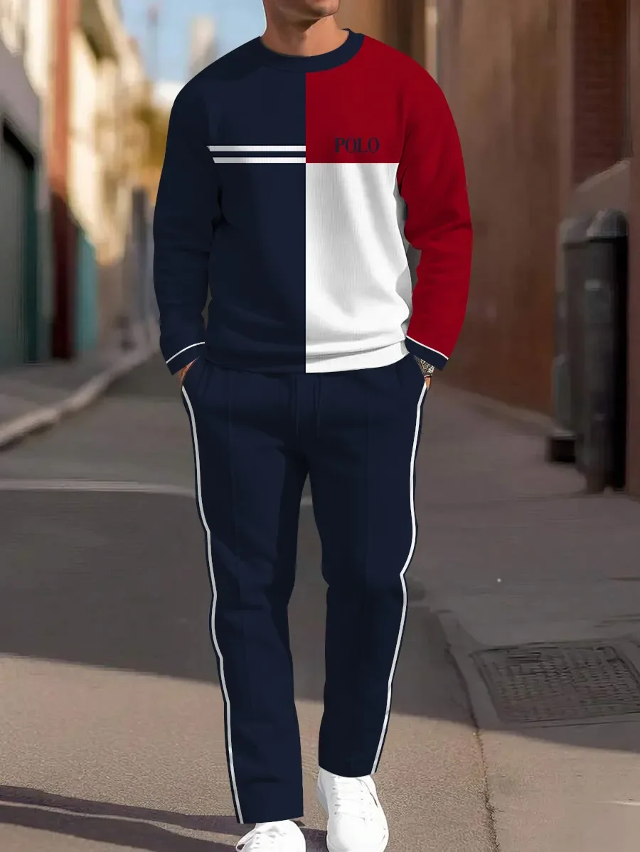 Spring And Autumn New Casual Men's Suit Color Match Fashion Men's Clothing POLO Letters Round Neck Long Sleeve T-shirt Pants