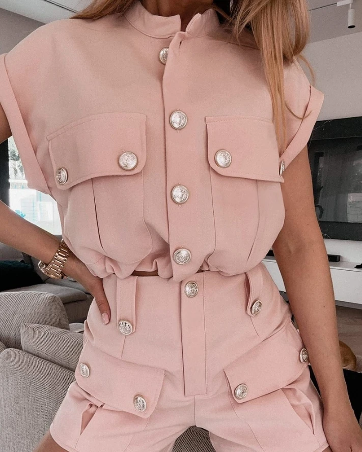 

2024 Spring Summer for Women Two Piece Sets Outfits New Fashion Short Sleeve Pocket Design Buttoned Daily Top & Shorts Set