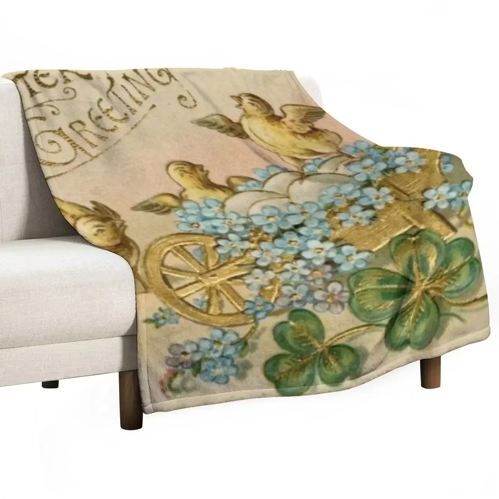 Vintage Easter Greeting Chicks Wheelbarrow Eggs Blue Flowers Cloverleaf Throw Blanket Luxury Throw Decoratives Blankets