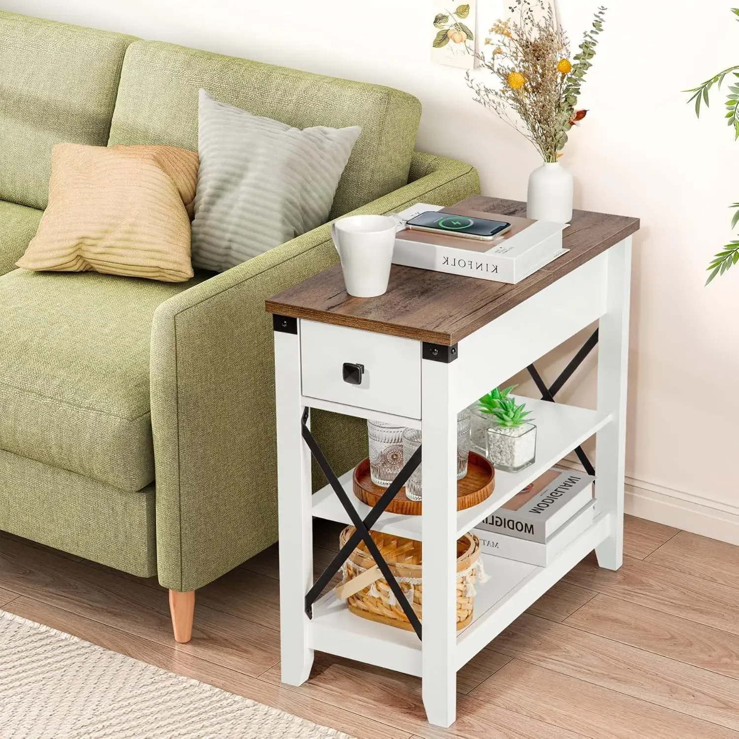 End Table with Charging Station - Farmhouse Slim Side Table Set of 2, w/USB Ports Power Outlets, Nightstand w/Flip Top St