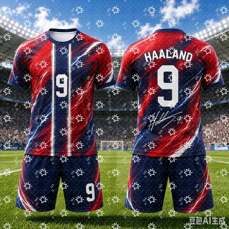 Haaland 9 Football Jersey Set Light Blue White Brush Splash Print Round Neck Short Sleeve Soccer Shirt + Drawstring Shorts Piece
