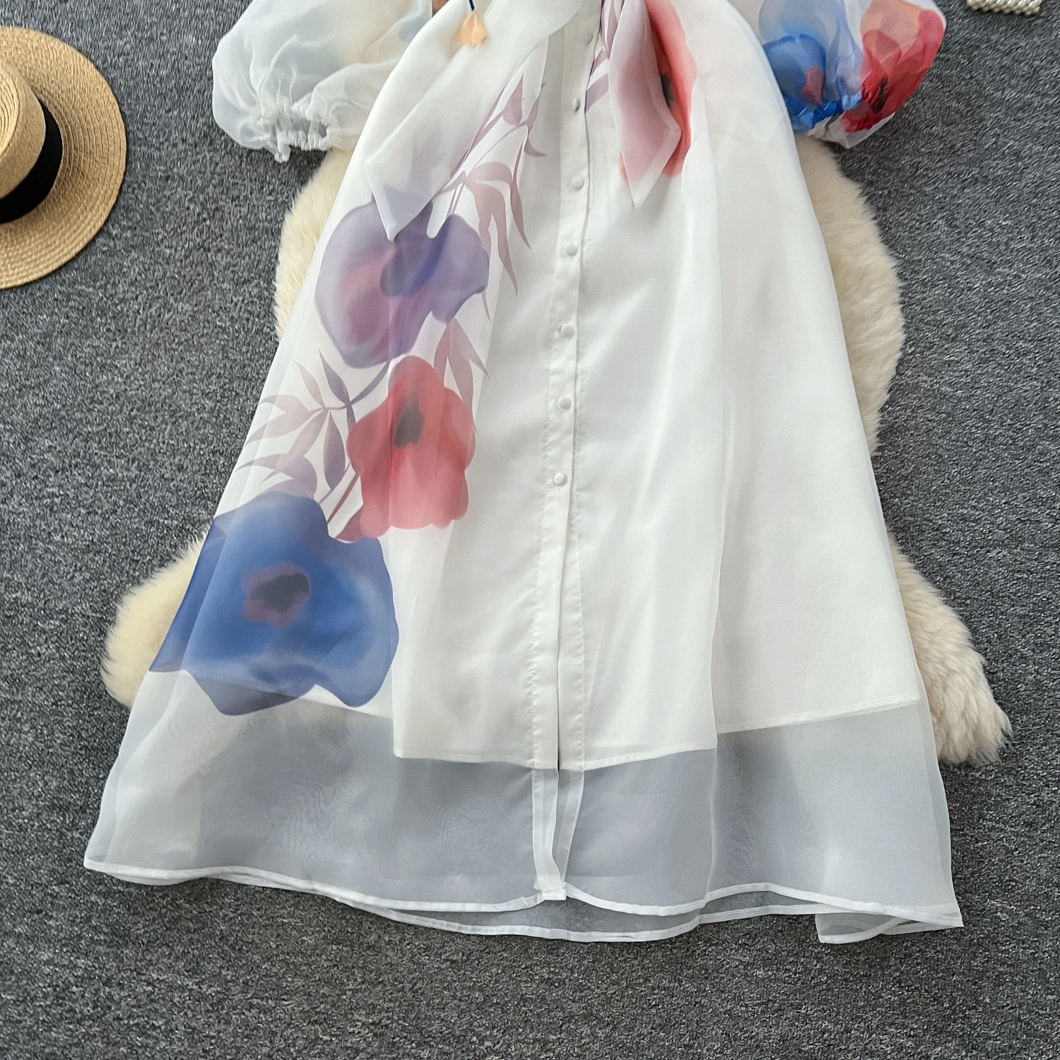 Clothland Damen Vintage Blumenhemd Kleid Schärpen Laterne Ärmel Einteiler Weiß Schwarz Mesh Retro Maxikleider QE197