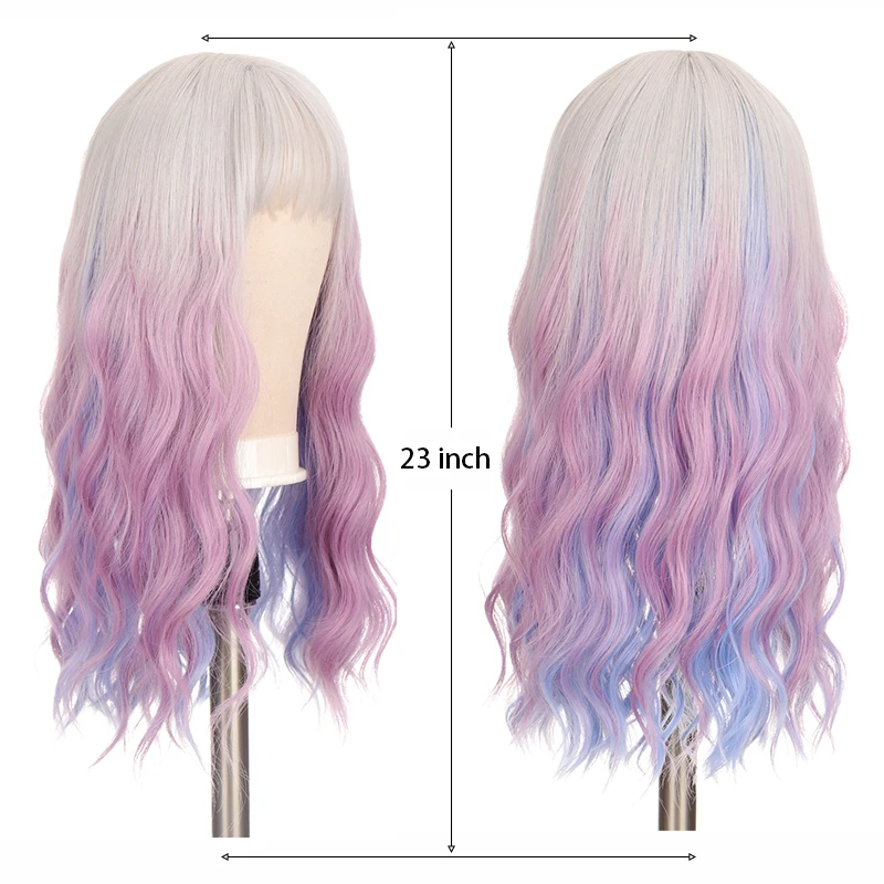 Cosplay Wig with Bangs Long Straight Wavy Heat-resistant Synthetic Hair Wig Ombre Silver Purple Blue Synthetic Wigs for Women