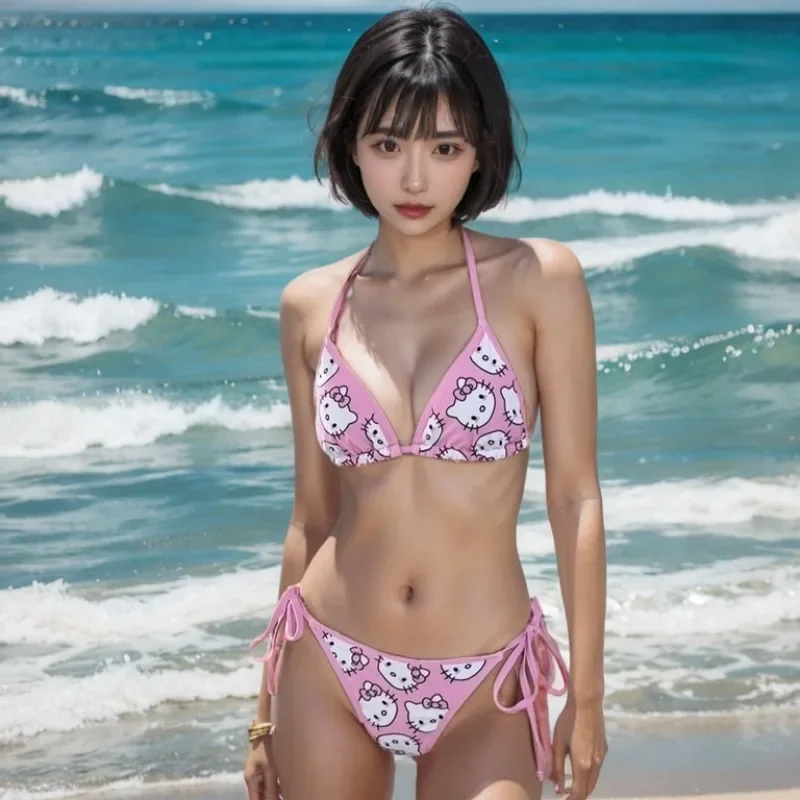 Hellokitty-Conjunto de Bikini con estampado para mujer, traje de baño Sexy, ropa de playa, lencería elástica, para vacaciones, 2024