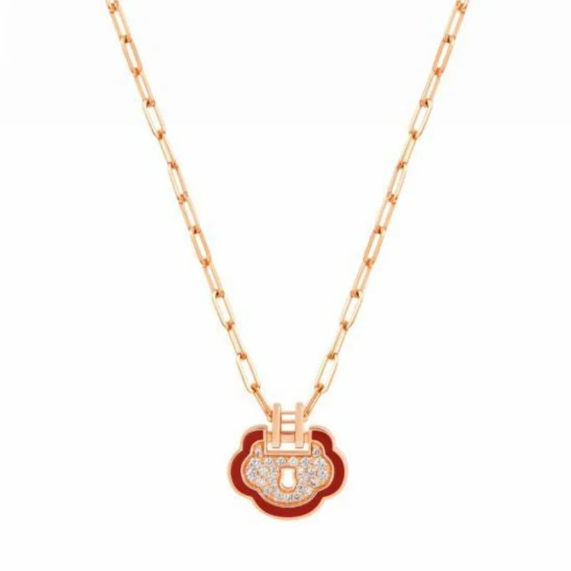 

Rose Gold Diamond-Paved Ruyi Lock Necklace with Red Agate Border