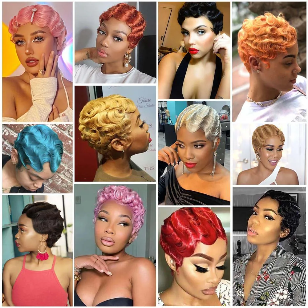 شقراء إصبع موجة عابث قطع شعر مستعار للنساء السود شعر بشري قصير الباروكات ريمي الشعر البشري آلة صنع الباروكات