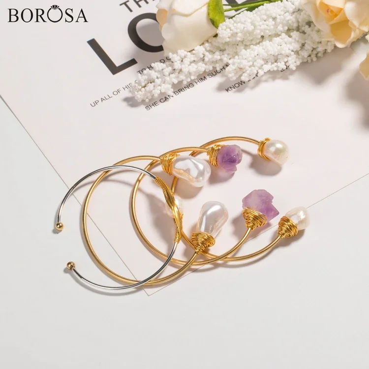 Raw Purple Crystal Quartz Amethysts Bangle Golden Color Natural White Pearl Open Adjustable Bangles Bracelets for Women Jewelry