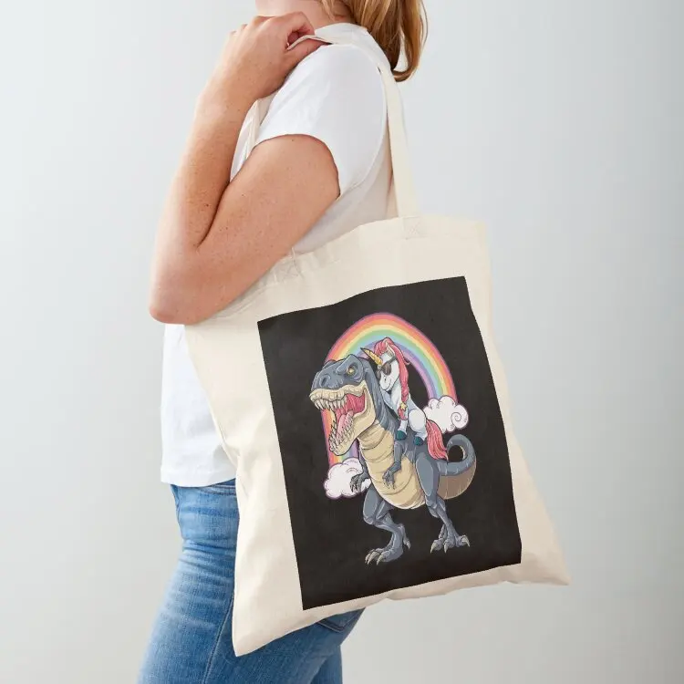 

Unicorn Riding Dinosaur T Shirt T-Rex Funny Unicorns Party Rainbow Squad Gifts for Kids Boys Girls Tote Bag