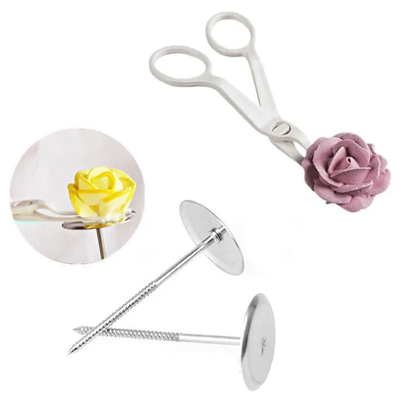 7Pcs/set Flower Scissor+Cake Tray +5pcs Tulips Rose Nozzle Nail Decor Lifter Kitchen Fondant Cream Transfer Baking Pastry