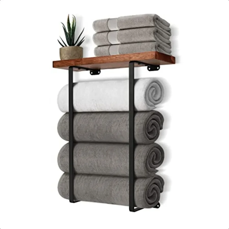 

Towel Racks for Bathroom Wall Mounted with Wooden Shelf Bath Towel Holder for Rolled Towels Metal Towel Storage Organizer for S
