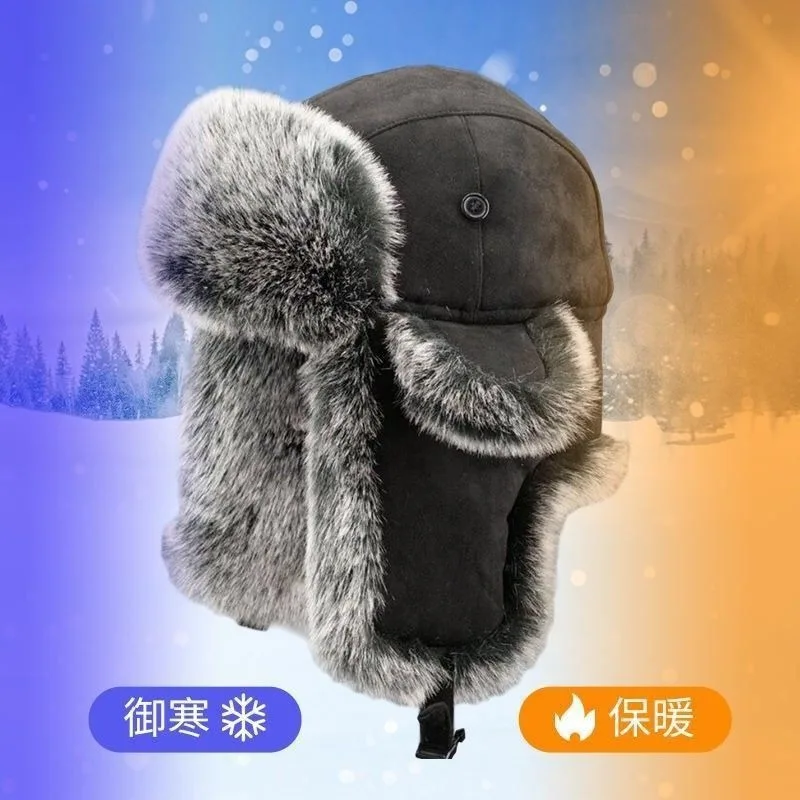 Topi Lei Feng 58-60cm untuk Pria, Musim Dingin, Bulu Imitasi Rubah, Tebal, Pelindung Telinga, Anti Dingin, Hangat, Anti Angin, untuk Ski
