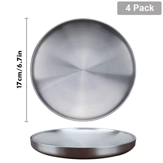 4Pcs/Set 304 Stainless Steel Round Plates, Double-Walled Insulated Dinner Plate, Plates for Snack, Dishes and Fruit