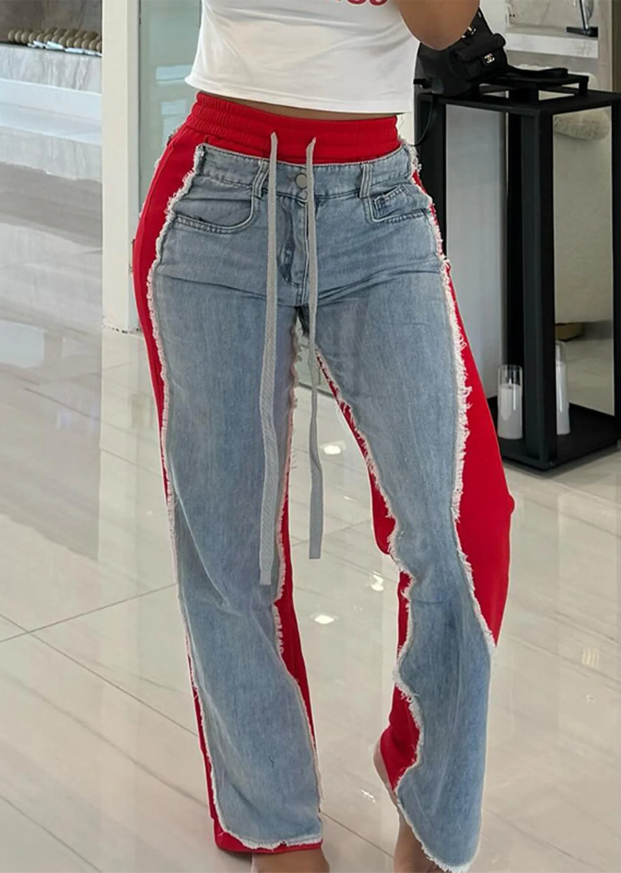 Jeans Women Casual Pants Y2k Streetwear Straight Patchwork High Elastic Waist Zipper Slight Strech Mom Spring Long Pants Capris